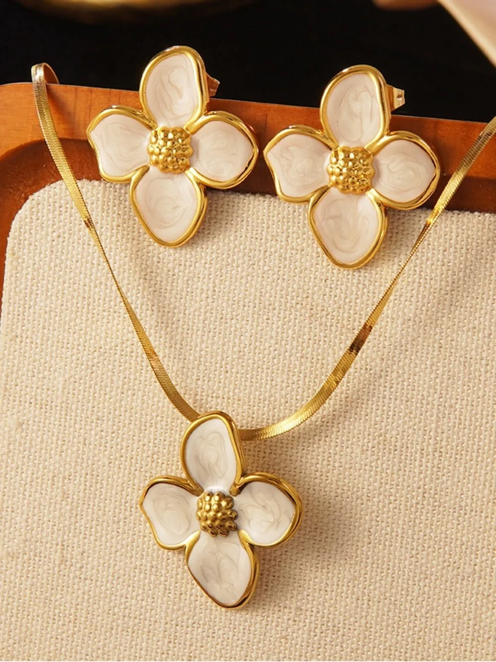 Gold & White Floral Necklace and Earring Set